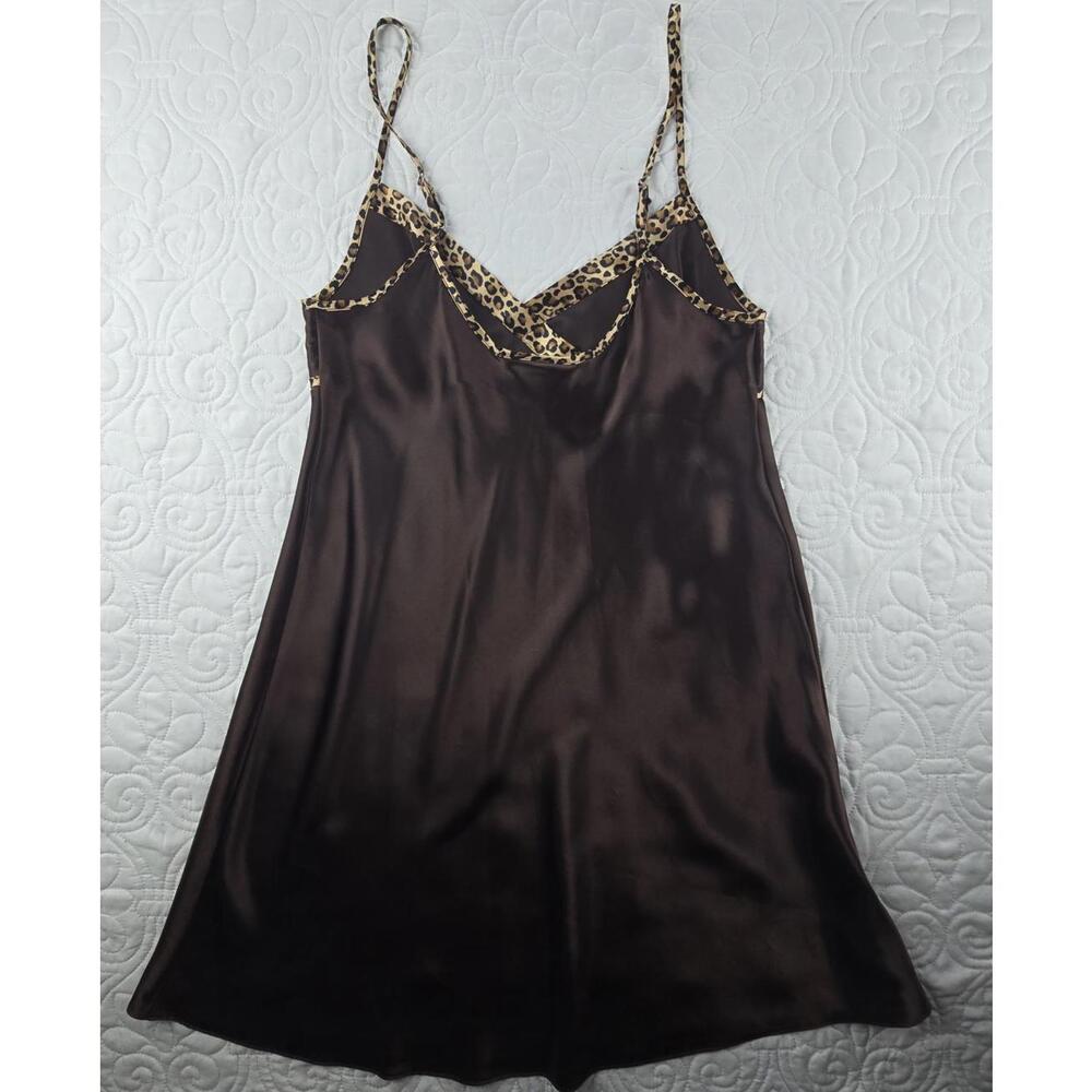 Y2K Morgan Taylor Intimates Brown Satin Slip Dress with Leopard Trim, Size M - Picture 3 of 7